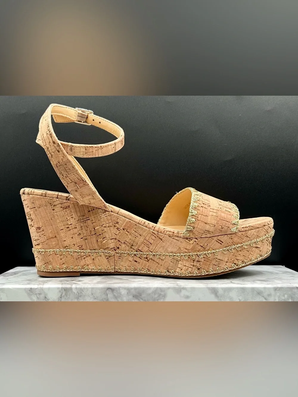 JACK ROGERS Flagler Stitch Platform-Wedge-Sandals in Cork-Gold. Size 9